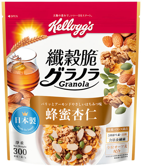 Kellogg's 家樂氏纖穀脆蜂蜜杏仁 日本製造 高纖維 多種維生素 獨立包裝, 1包, 300g