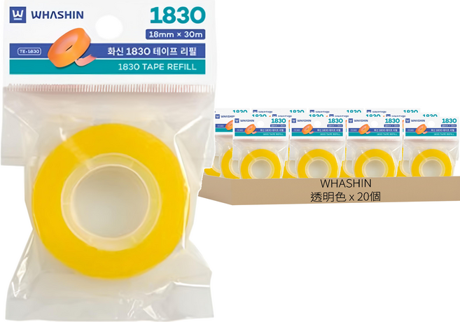 WHASHIN 膠帶替換芯 1830 30m x 18mm, 透明色, 20個