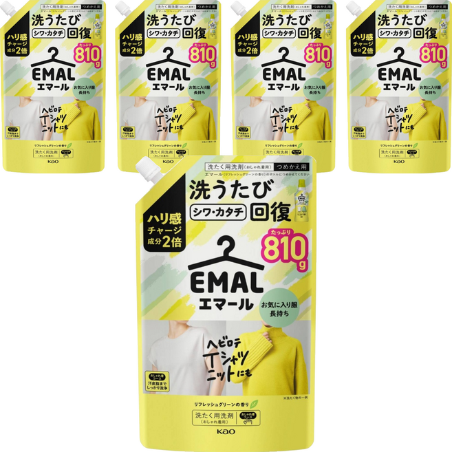 Kao 花王 EMAL 精致洗 護色防縮洗衣精補充包 清新綠香, 810ml, 1入, 5包