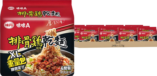 味丹 味味A 排骨鷄風味乾麵 XL重量包 123g, 24包