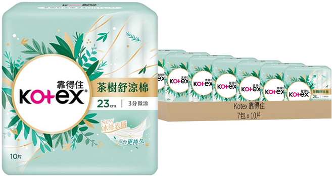 Kotex 靠得住 茶樹舒涼 涼感衛生棉 3分微涼 護翼型, 日用一般型 23cm, 10片, 7包