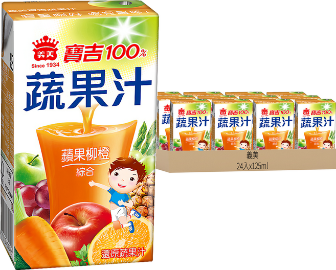 義美 寶吉 蔬果汁 蘋果柳橙, 125ml, 24入