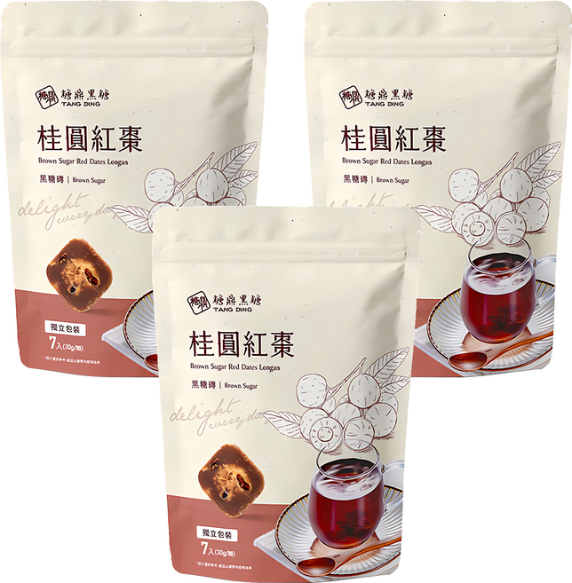 糖鼎 桂圓紅棗黑糖磚, 30g, 7顆, 3袋
