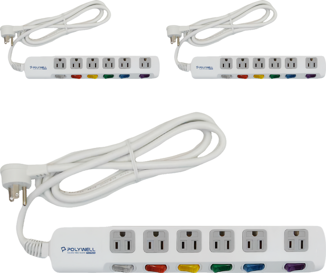 POLYWELL 寶利威爾 3孔電源延長線7切6座 PW15-T05-B031, 270cm, 白色, 3個