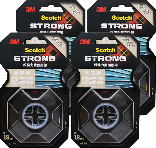 3M Scotch 超強力雙面膠帶 金屬用 V1801N 18mm x 1.5m, 紅色, 4捲