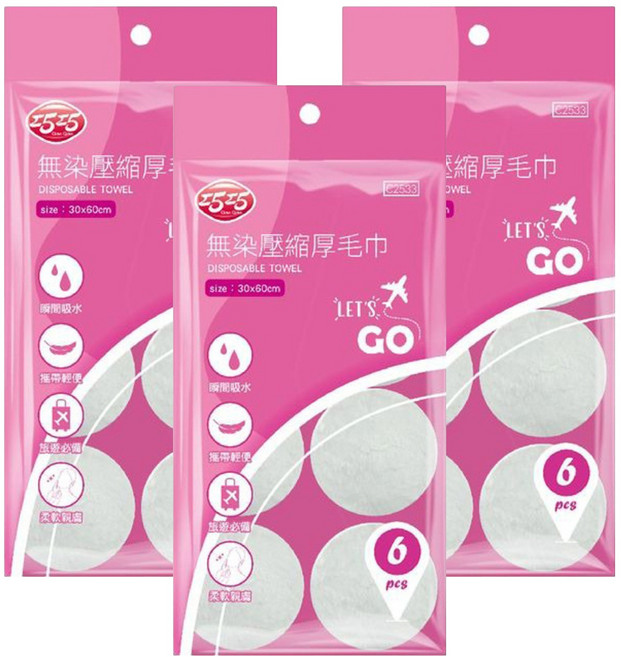 巧巧 無染壓縮厚毛巾, 6個, 3包
