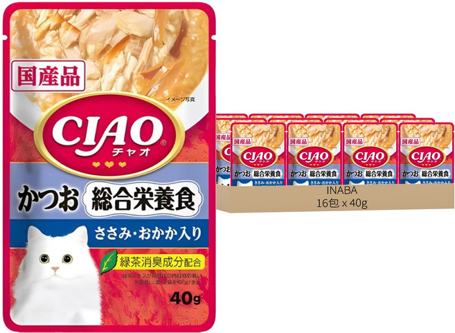 INABA CIAO 啾嚕 巧餐包, 16包, 40g, 鰹魚 + 雞肉 + 柴魚片