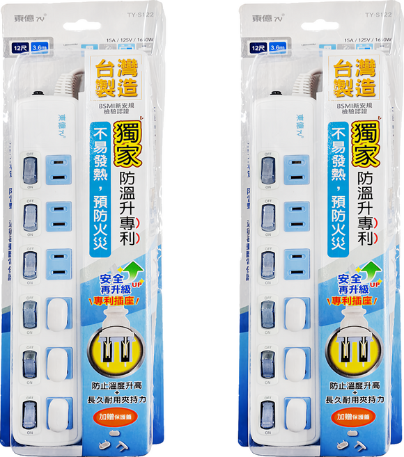 東億 6開關6插座延長線 2孔 TY-S122, 3.6m, 白色, 2條