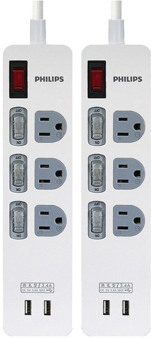 PHILIPS 飛利浦 96 usb快充3.4a 4開3座延長線, 1.8m, 白色, 2個