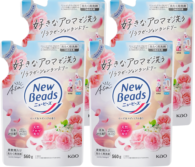 Kao 花王 New Beads 植萃香氛洗衣精補充包 玫瑰木蘭花, 560g, 1入, 4包