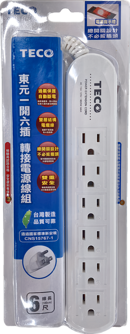 TECO 東元 一開六插轉接電源線組 3孔, 1.8m, 白色, 1個