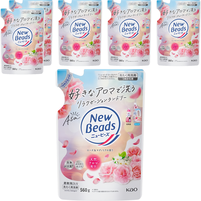 Kao 花王 New Beads 植萃香氛洗衣精補充包 玫瑰木蘭花, 560g, 1入, 6包