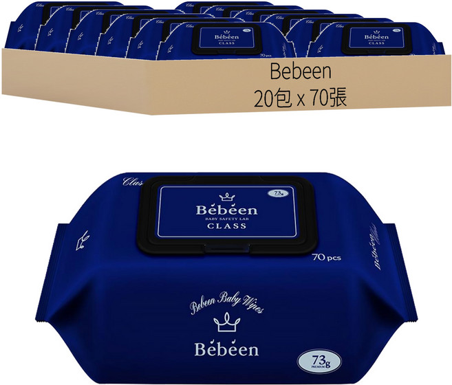 Bebeen 高級壓花低刺激嬰兒濕巾蓋型, 73g, 70張, 20包