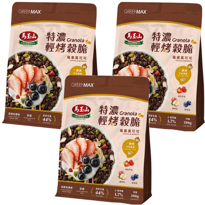 馬玉山 特濃輕烤穀脆 莓果黑可可, 280g, 3個
