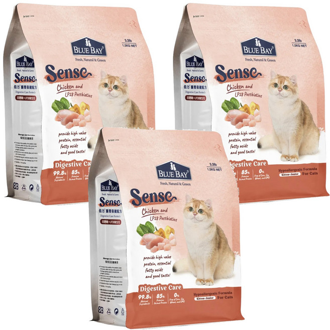 BLUE BAY 倍力 Sense 全齡貓 全護低敏 貓飼料 田野雞, 腸胃保健, 1.5kg, 3袋
