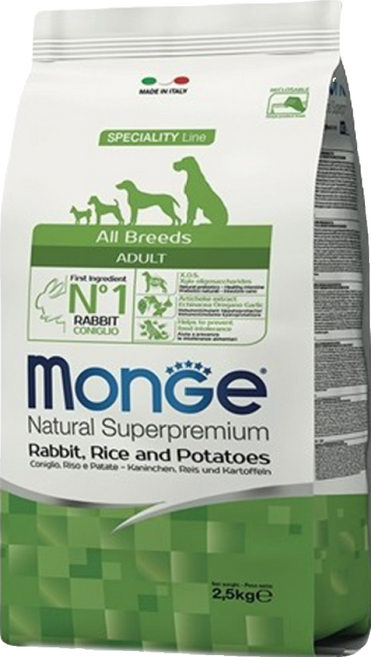 MonGe 瑪恩吉 1歲以上成犬 天然呵護 乾飼料, 兔肉 + 米 + 馬鈴薯, 2.5kg, 1袋