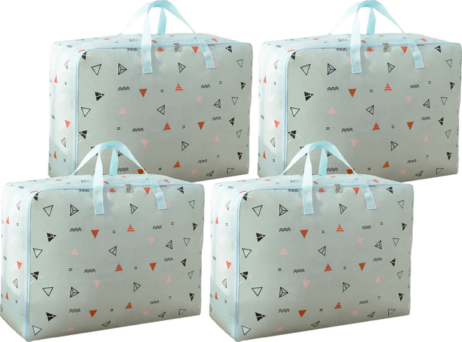 E.dot 防潑水牛津布衣物棉被防塵收納袋 加厚耐用, 藍三角, 4個