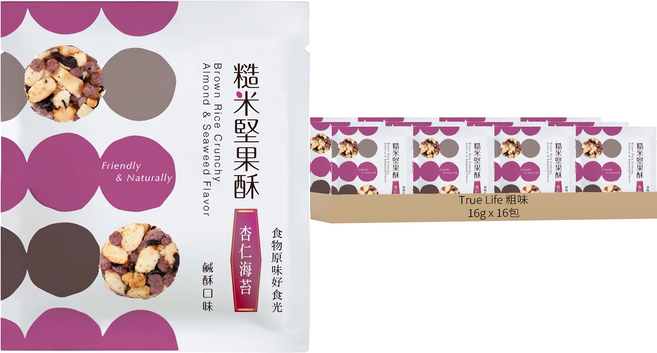 True Life 粗味 糙米堅果酥 杏仁海苔, 16g, 16包