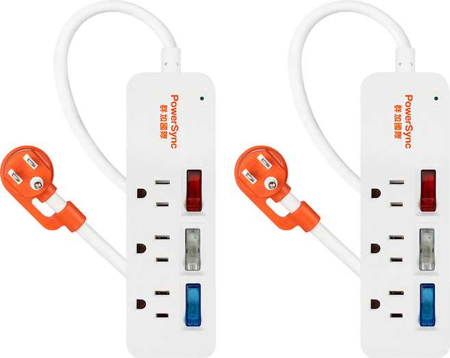 PowerSync 群加 3開彩色開關防雷擊延長線 3孔 TS3C9012, 1.2m, 2條, 白色