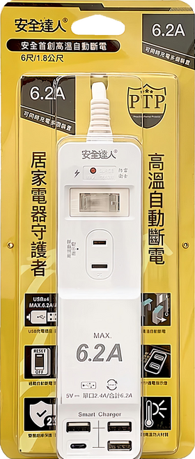 安全達人 1開3插3USB延長線 2P, 1.8m, 白色, 1個