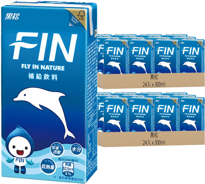 黑松 FIN 補給飲料 補充水分及電解質 等滲透壓設計 低熱量, 300ml, 48入