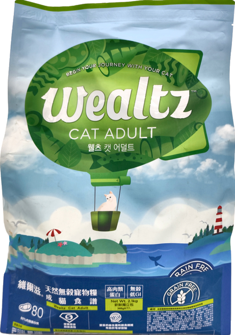 Wealtz 維爾滋 天然無穀寵物糧 成貓食譜, 2.1kg, 1袋, 新鮮去骨雞肉, 雞肉粉, 水解雞肉, 水解魚肉, 鮭魚粉, 豌豆, 扁豆, 甘藷, 雞脂, 魚油