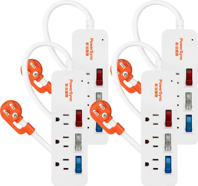 PowerSync 群加 3開彩色開關防雷擊延長線 3孔 TS3C9012, 1.2m, 4條, 白色