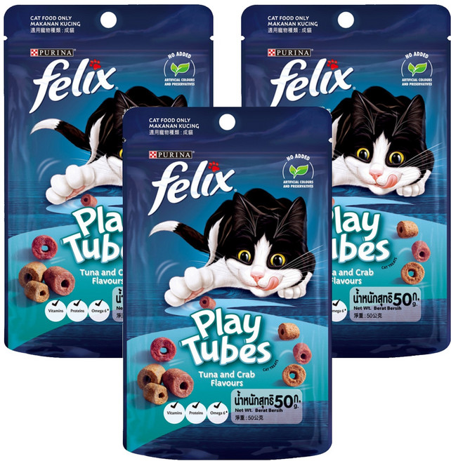 PURINA FELIX Play Tubes 香酥捲, 50g, 3包, 鮪魚 + 蟹