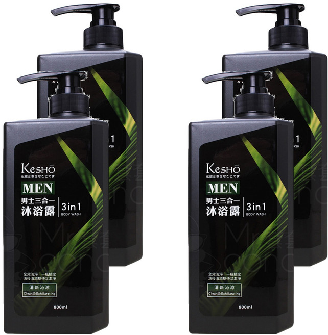 KeSHO 男士三合一沐浴露 清新沁涼 全效潔淨, 800ml, 4瓶