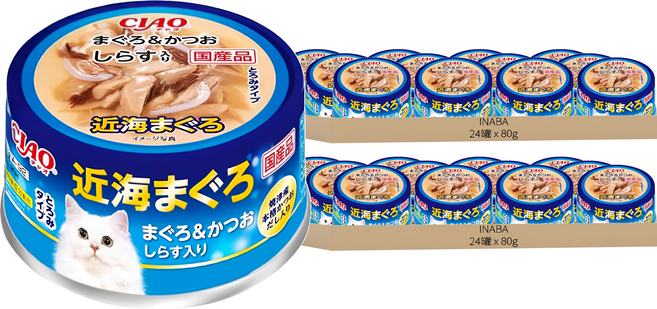 INABA CIAO 啾嚕 近海罐, 80g, 48罐, 鰹魚 + 吻仔魚