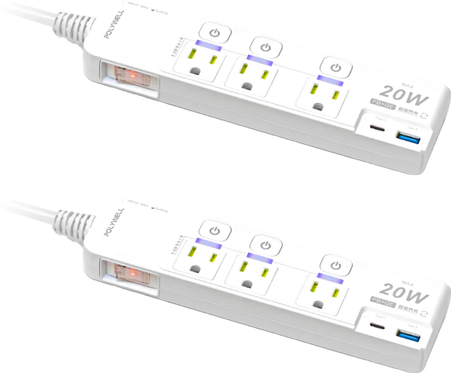 POLYWELL 寶利威爾 20W快充電源延長線 4切3座 Type-C PD/QC C-81PLC PW15-T05-A088, 20.5 x 5.5 x 2.5cm, 白色, 2條