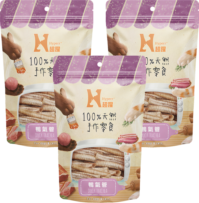 Hyperr 超躍 手作寵物零食/貓狗零食/原肉零食, 鴨氣管, 50g, 3包
