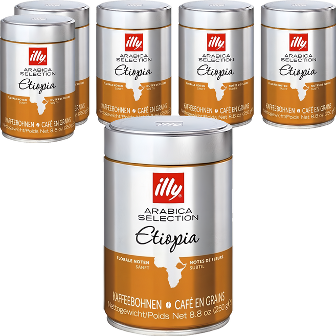 Illy 意利咖啡 衣索比亞 Ethiopia 單品咖啡豆 全豆 無研磨 義大利原裝進口 專利氮氣加壓包裝技術鎖著香氣 100%阿拉比卡咖啡豆, 250g, 6罐