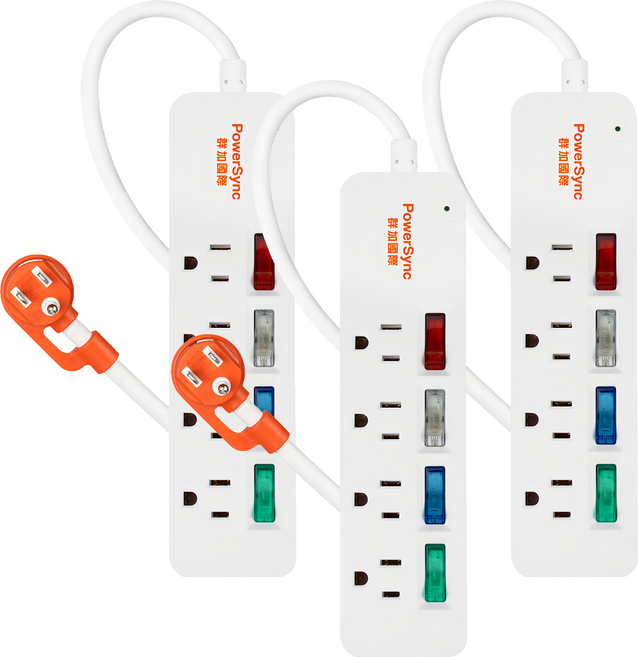 PowerSync 群加 4開彩色開關防雷擊延長線 4孔 TS4C9012, 1.2m, 3條, 白色