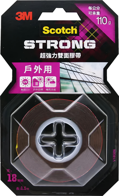 3M Scotch 超強力雙面膠帶 戶外用 V1808N 18mm x 1.5m, 紅色, 1捲