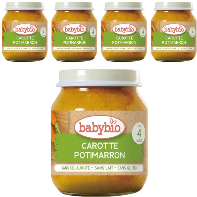 babybio 生機蔬菜泥, 南瓜 + 紅蘿蔔, 5罐, 130g