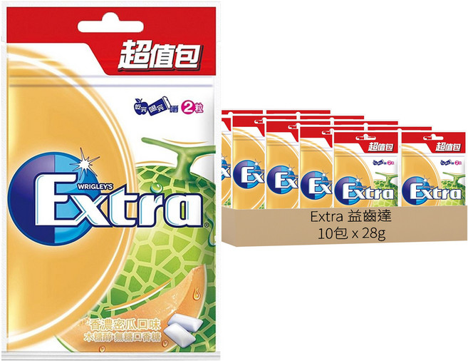 Extra 益齒達 潔淨無糖口香糖 香濃蜜瓜, 28g, 10包