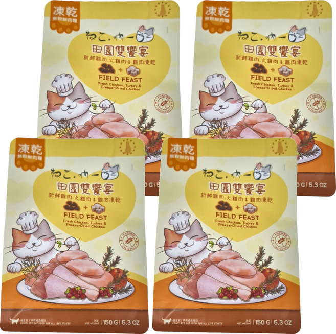 Neko 吶一口 凍乾貓飼料 田園雙饗宴, 新鮮雞肉 + 火雞肉 + 雞肉凍乾, 150g, 4包