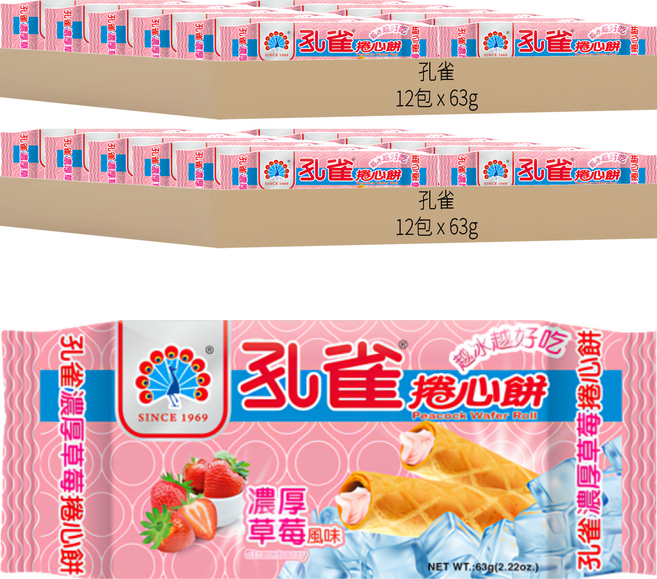 孔雀 捲心餅 濃厚草莓, 63g, 24包
