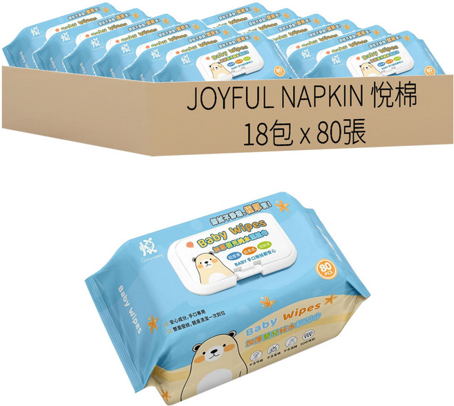 JOYFUL NAPKIN 悅棉 加厚加大寶寶純水濕紙巾 掀蓋式, 80張, 18包