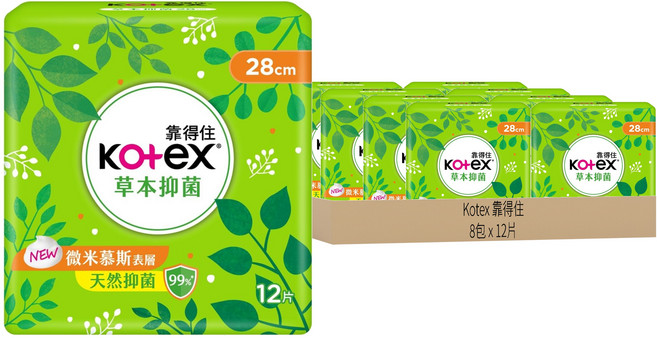 Kotex 靠得住 草本抑菌衛生棉, 28cm, 12片, 8包