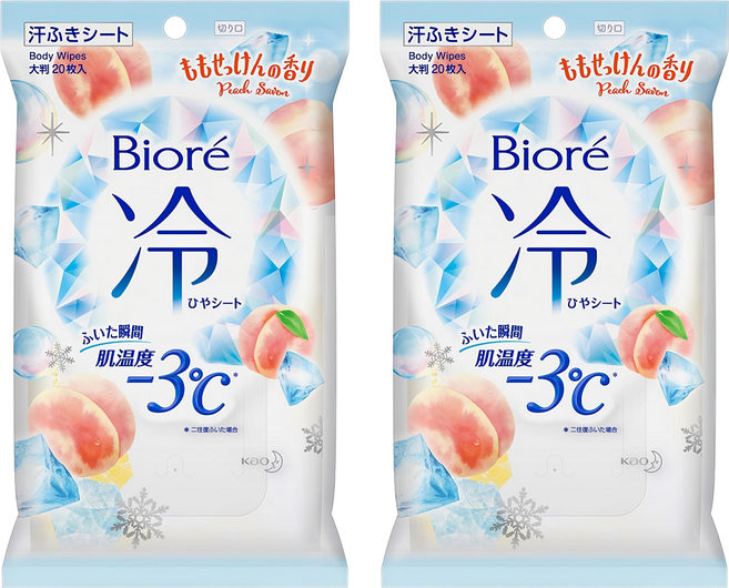 Biore 蜜妮 涼感3℃ 蜜桃香皂香爽身粉濕巾 便攜型, 1入, 2包