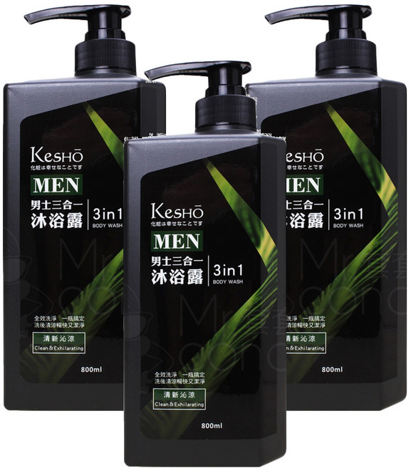 KeSHO 男士三合一沐浴露 清新沁涼 全效潔淨, 800ml, 3瓶