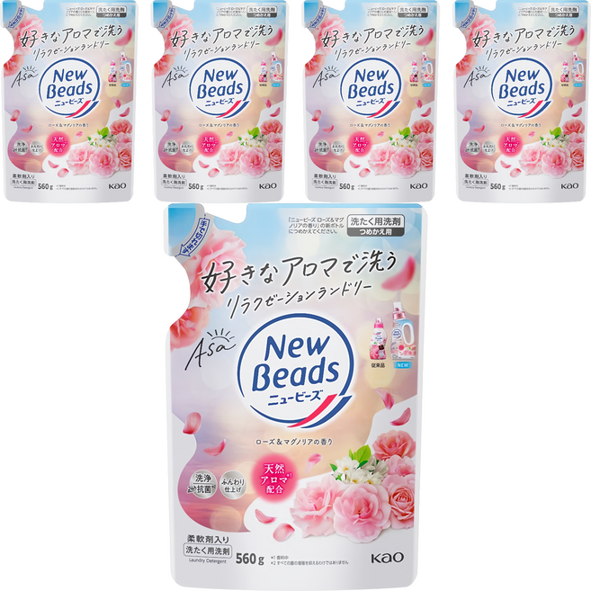 Kao 花王 New Beads 植萃香氛洗衣精補充包 玫瑰木蘭花, 560g, 1入, 5包