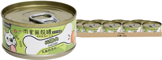 vosto 沃司托 犬用 肉食無穀罐, 純雞肉 + 乳酸鈣, 80g, 24罐, 純雞肉 + 乳酸鈣