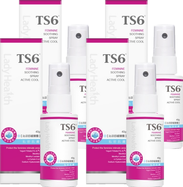 TS6 護一生 沁涼舒緩噴霧 水感清涼 雙效薄荷涼感因子 清新木質香調 私密肌膚適用, 40g, 4瓶