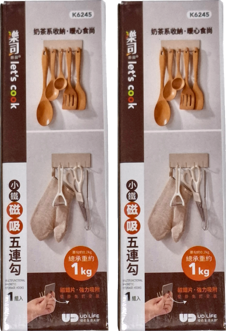 樂司廚品 小鐵磁吸五聯勾, 銀色, 2個