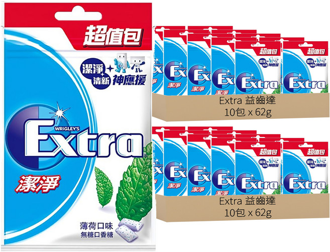 Extra 益齒達 潔淨無糖口香糖 薄荷口味, 62g, 20包