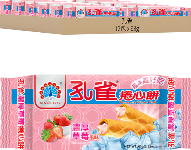 孔雀 捲心餅 濃厚草莓, 63g, 12包