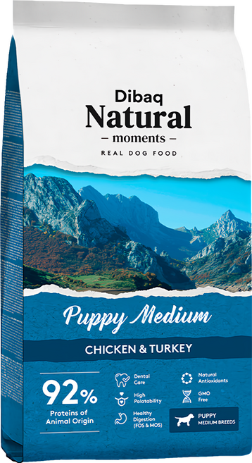 Dibaq Natural moments 中型幼犬用 自然嗑 犬糧, 雞肉 + 火雞肉, 3kg, 1袋